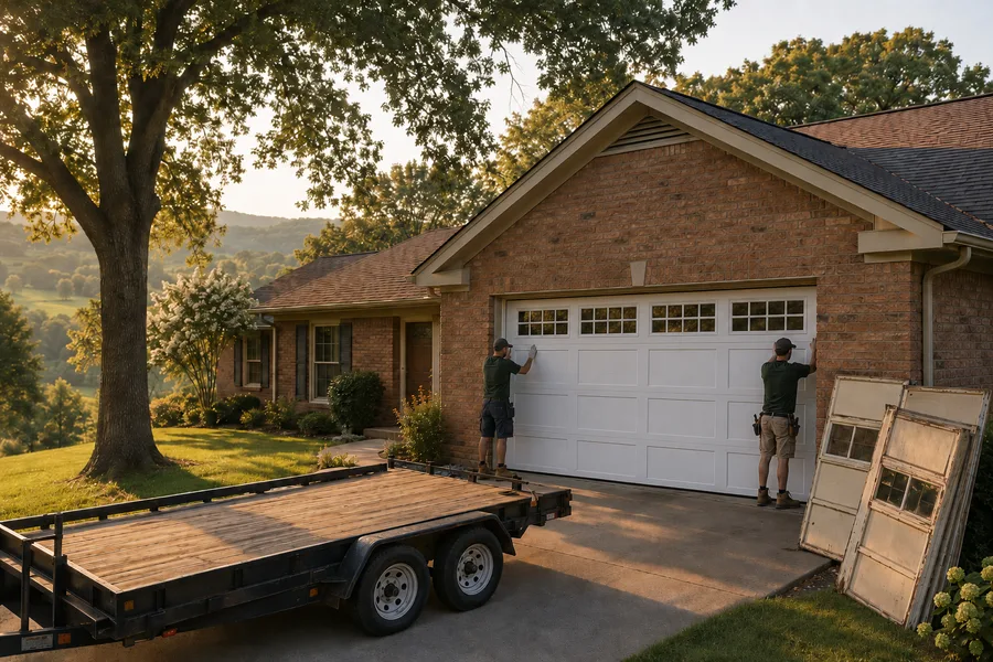 Installers setting a new garage door section at a brick Cookeville home