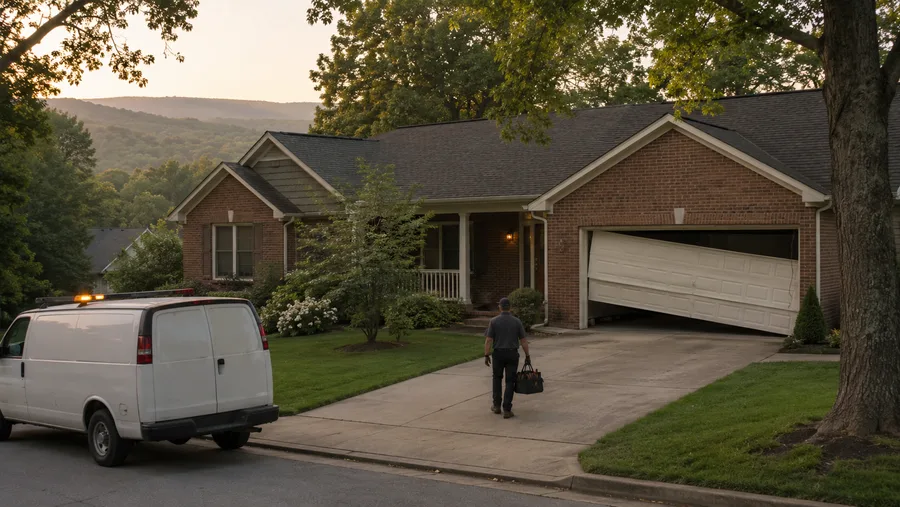 Service van arriving at a Cookeville home with a garage door jammed crooked in its opening