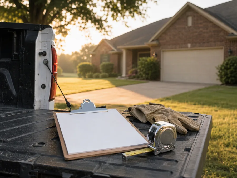 Written estimate clipboard and tape measure on a truck tailgate in front of a Cookeville garage